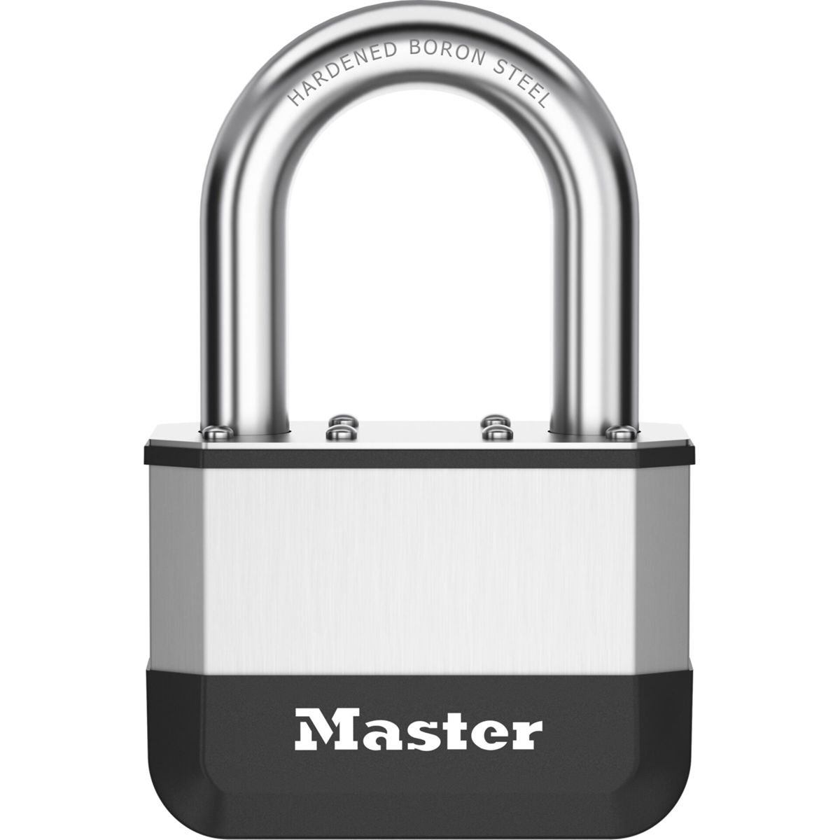 Ein silberner Vorhängeschloss mit schwarzer Basis, auf der Master steht.
