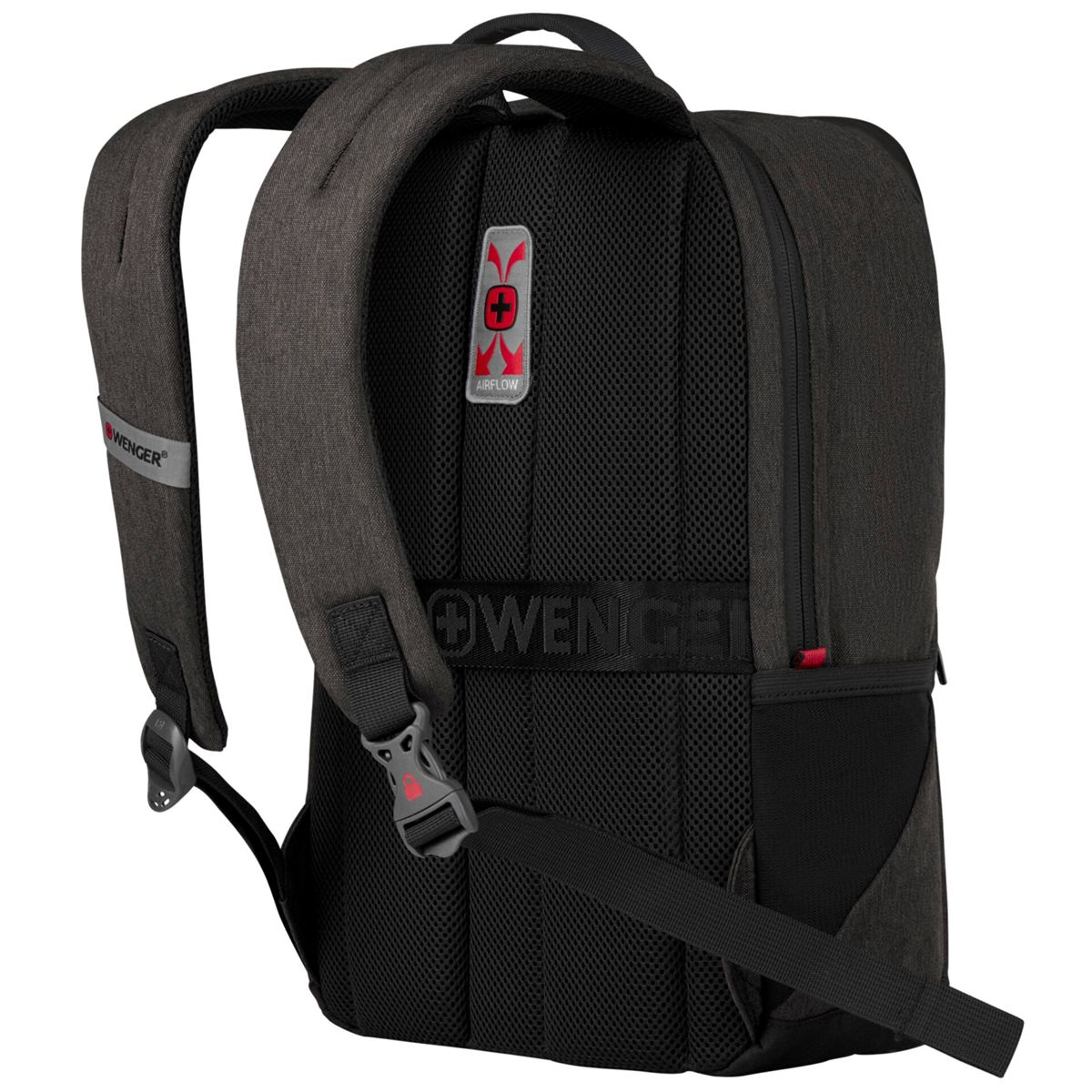 Zaino grigio scuro con spallacci imbottiti, pannello posteriore in mesh e logo Wenger rosso.