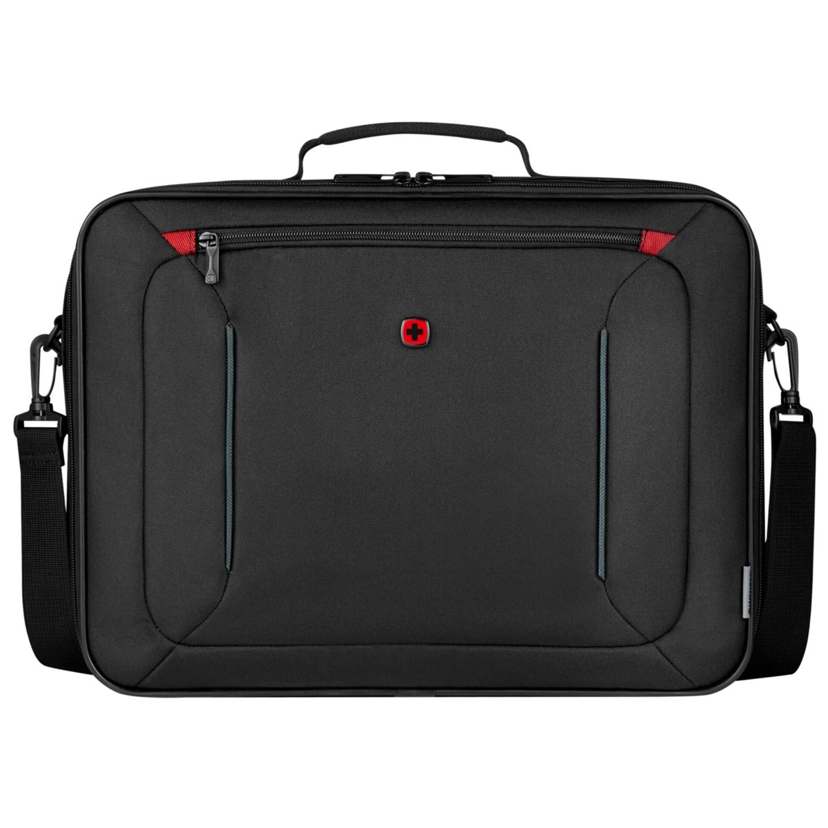 Borsa messenger nera con logo croce svizzera rossa e tracolla staccabile.