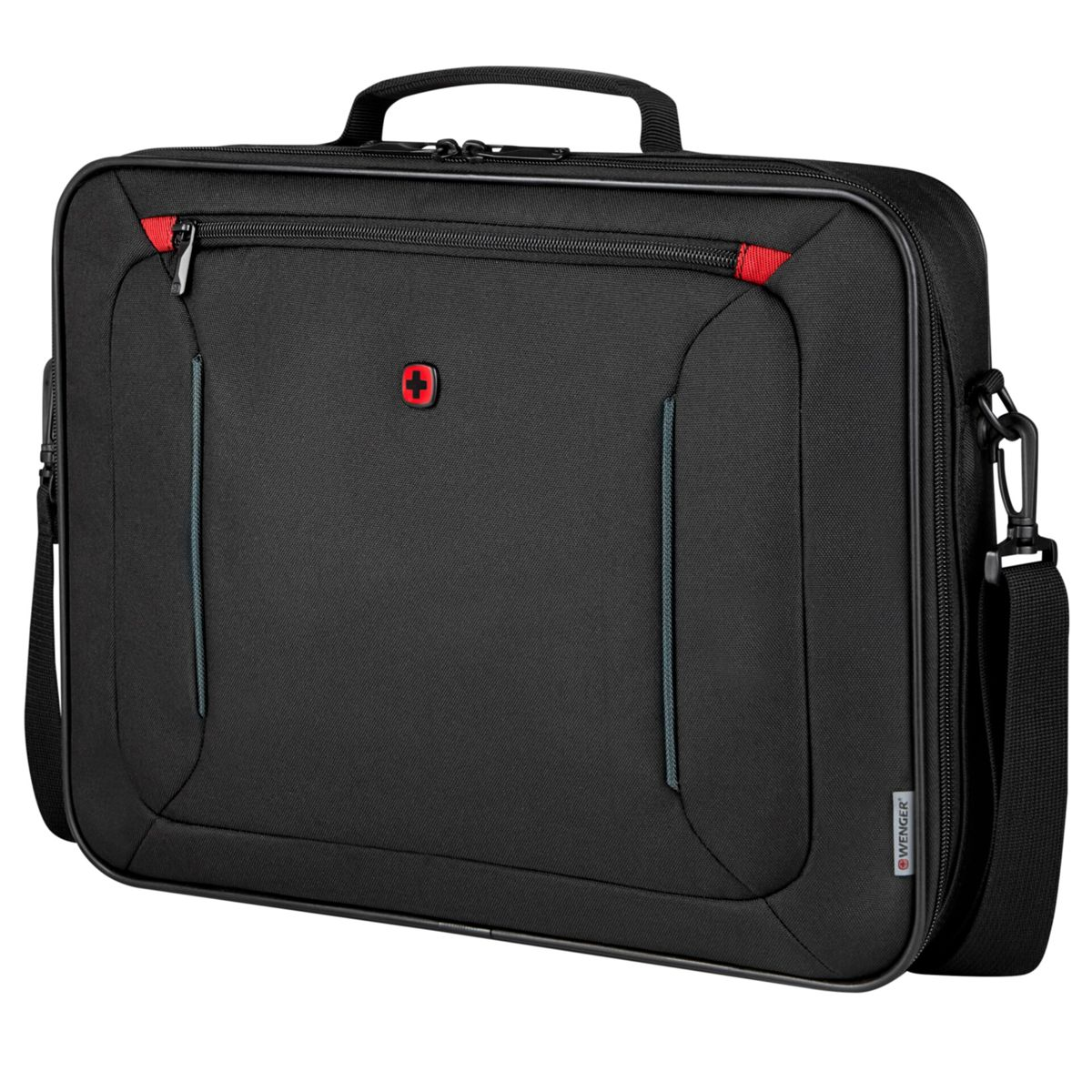 Borsa nera per laptop Wenger con accenti rossi e logo. Ha manico e tracolla.