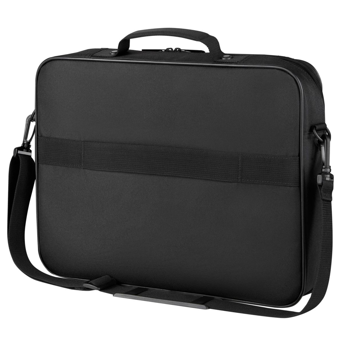 Borsa nera per laptop con manico e tracolla, design semplice.