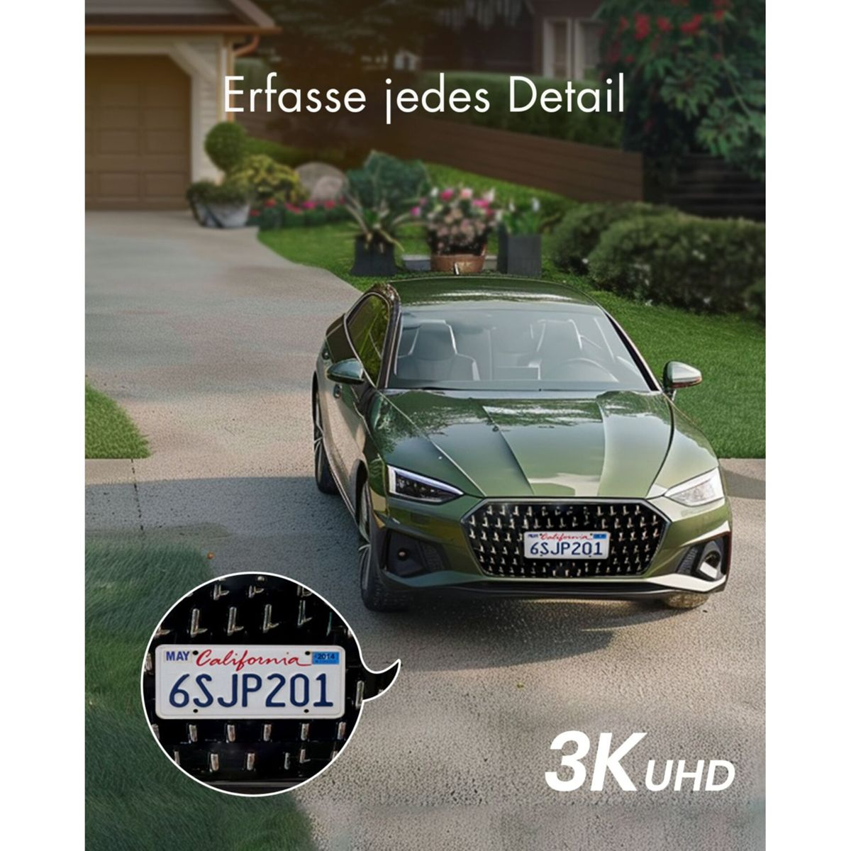 Un'Audi verde è parcheggiata su un vialetto di fronte a una casa, con un primo piano della targa.