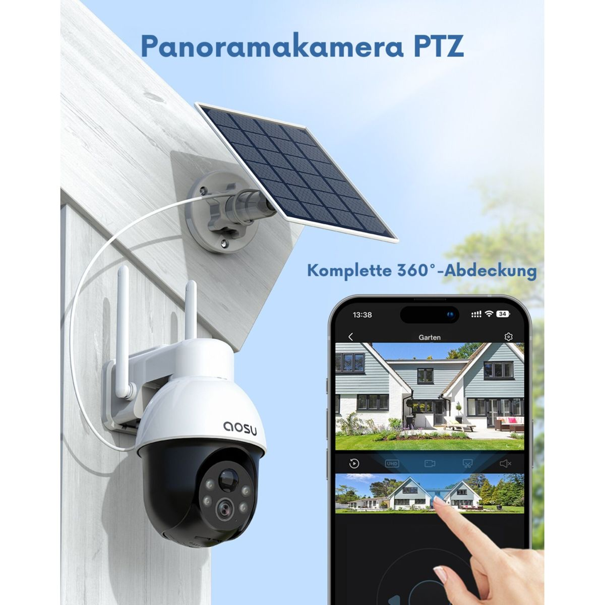 Telecamera di sicurezza bianca con pannello solare e vista su smartphone di una casa.