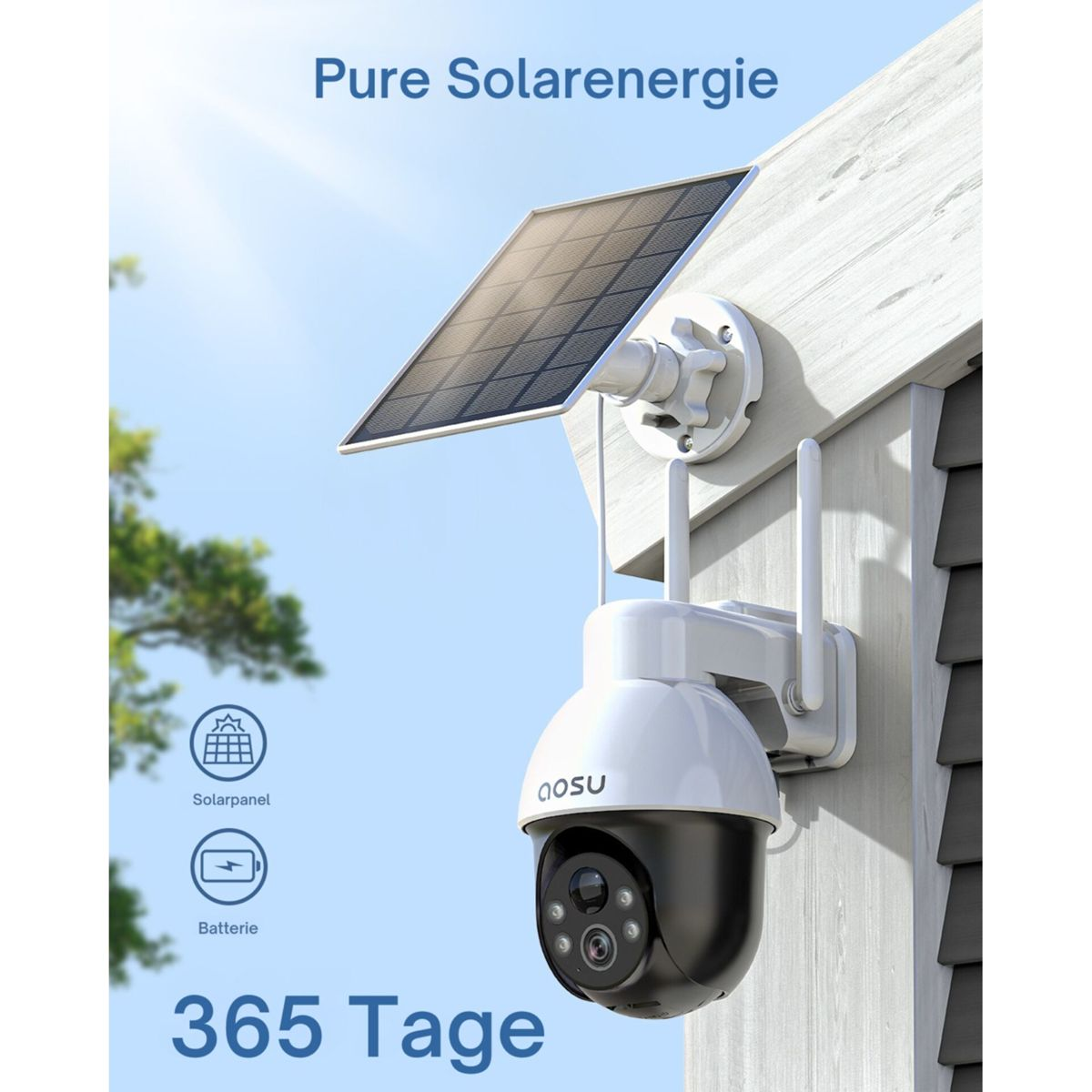 Una telecamera di sorveglianza con pannello solare, montata su un muro di casa.
