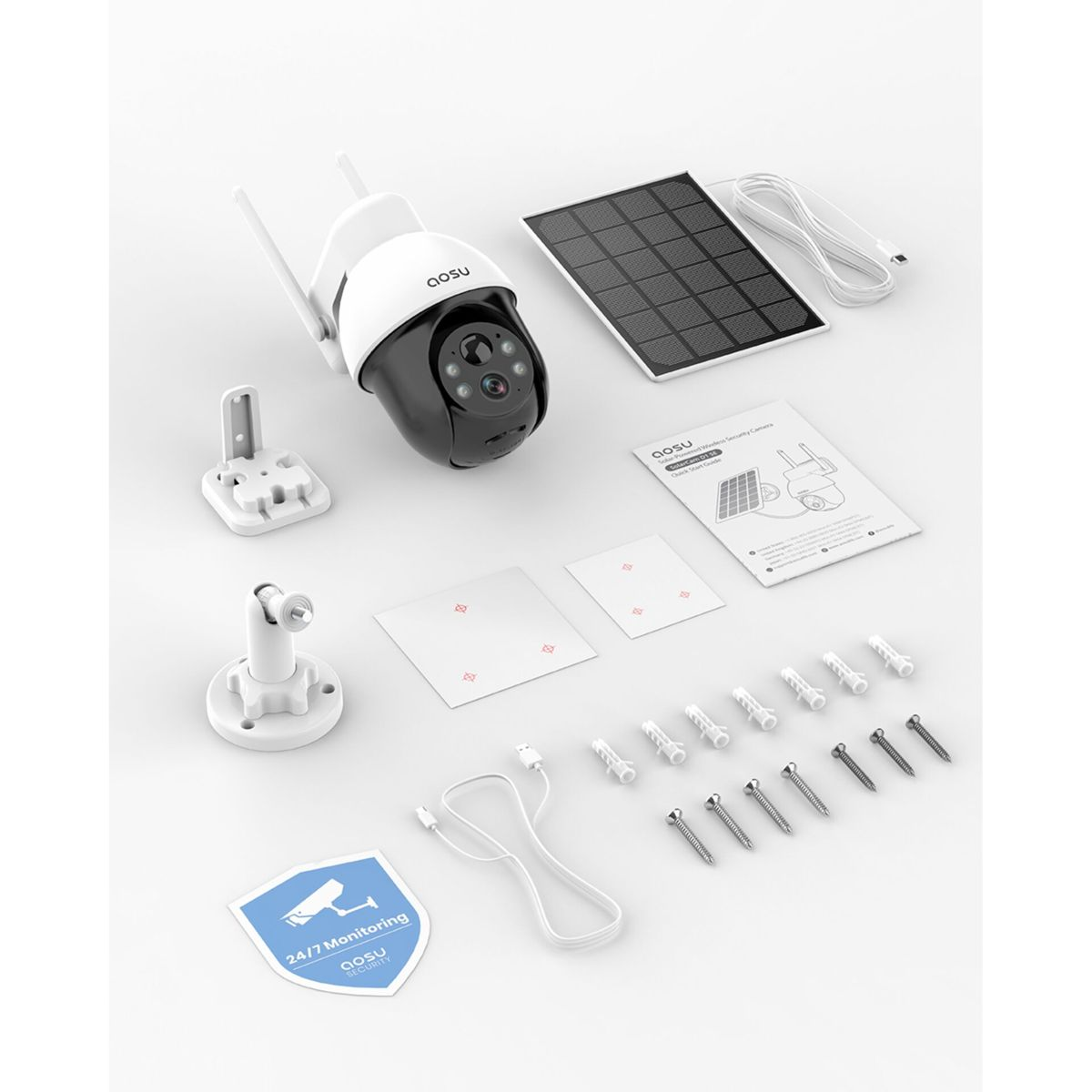 Telecamera di sicurezza, pannello solare, supporto e hardware di installazione.