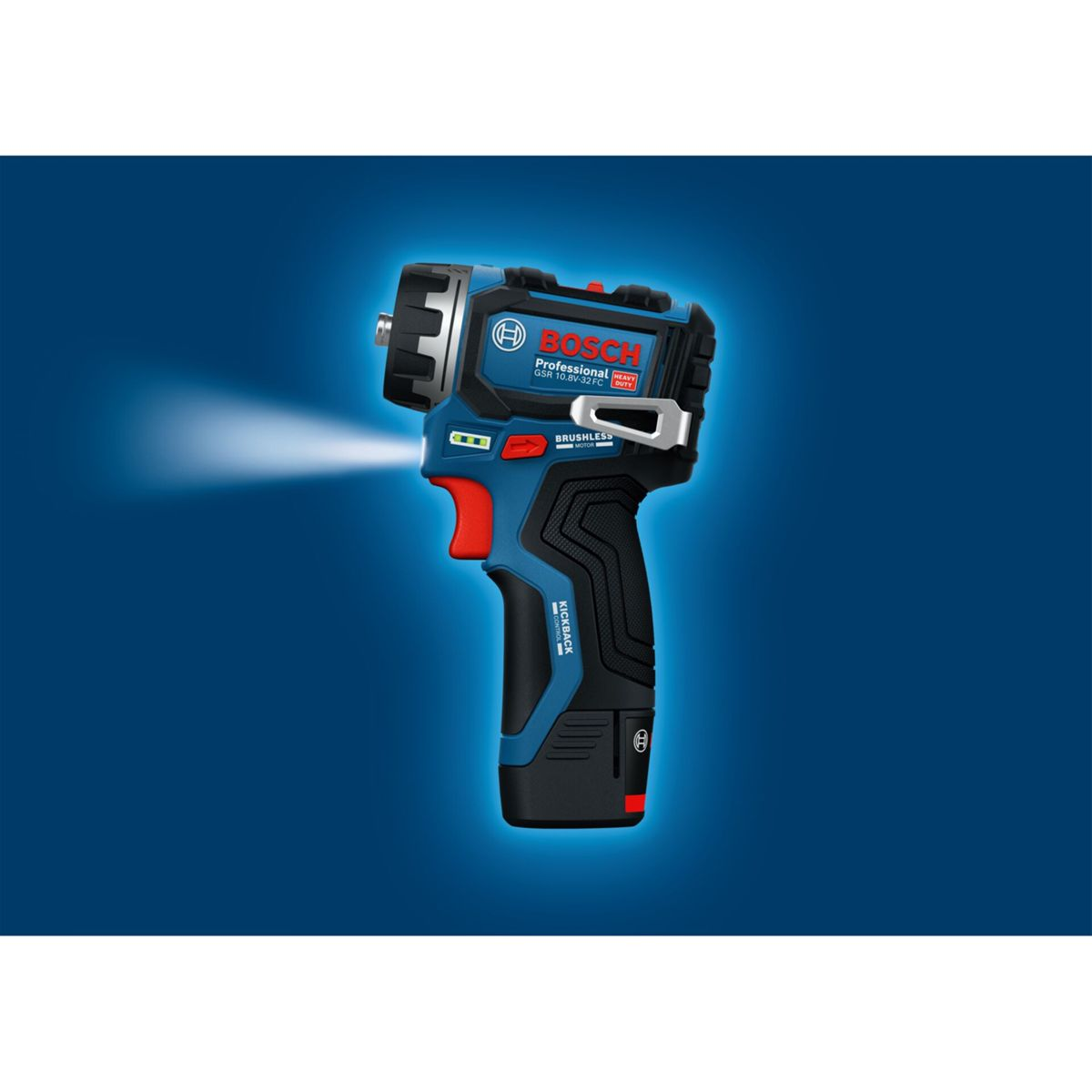 Bosch Professional Akku-Bohrschrauber mit LED-Licht auf blauem Grund.