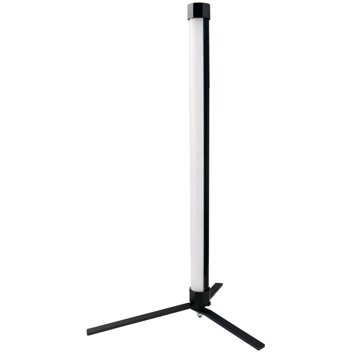 Ein schlankes, weißes LED-Lichtrohr auf einem schwarzen Stativ.
