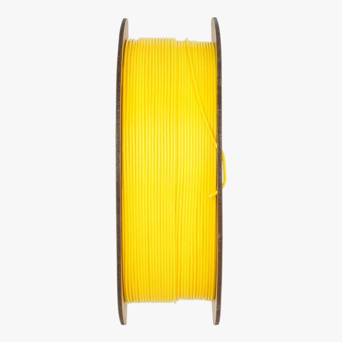 Una bobina di filamento giallo brillante per stampante 3D su sfondo bianco.