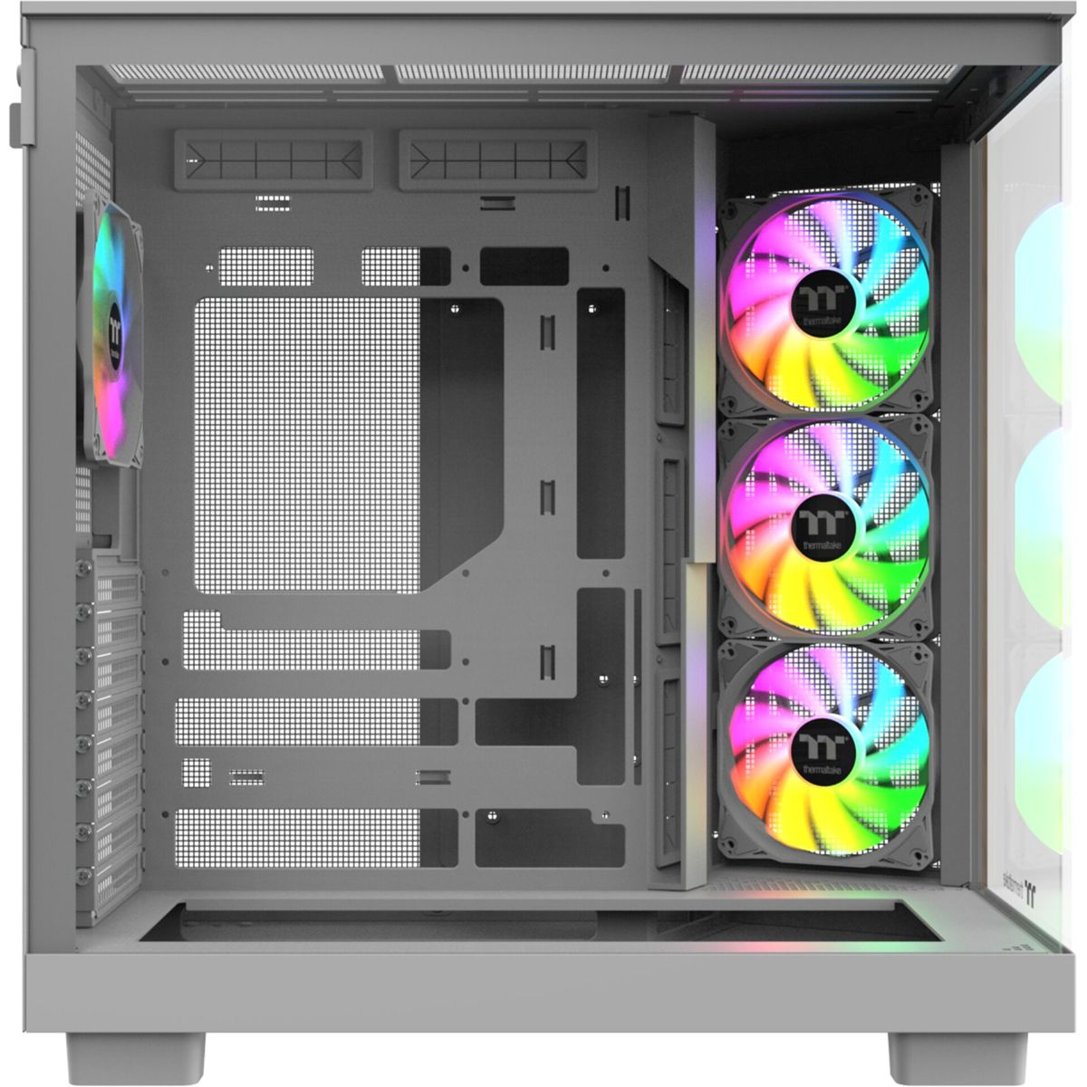 Ein offenes graues Computergehäuse mit beleuchteten Lüftern.