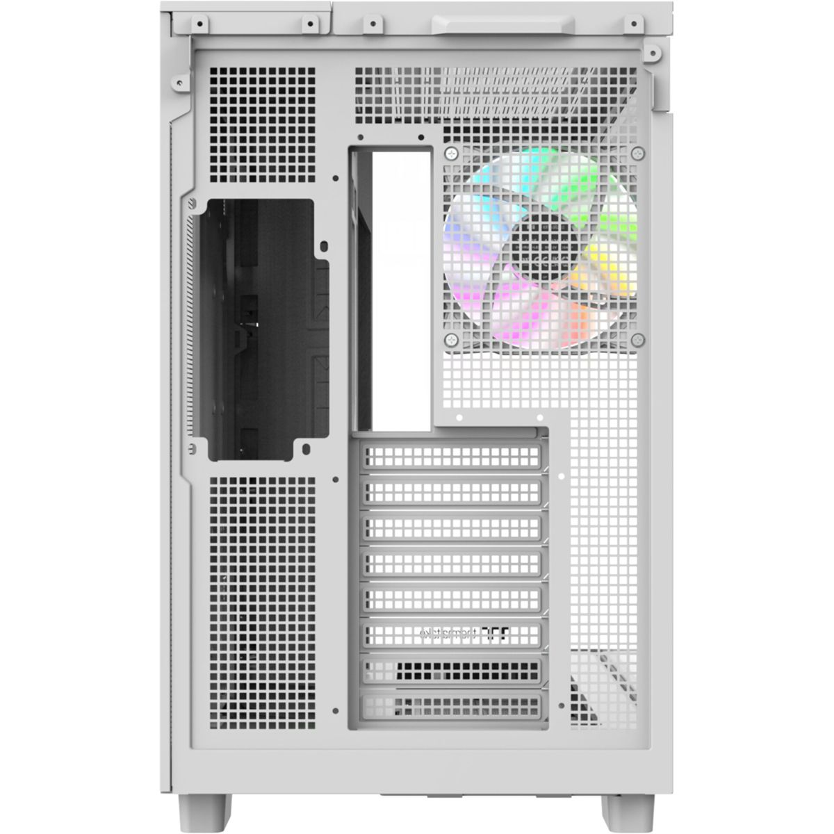 Weißer Computerturm von hinten. RGB-Lüfter oben rechts. Belüftete Paneele.