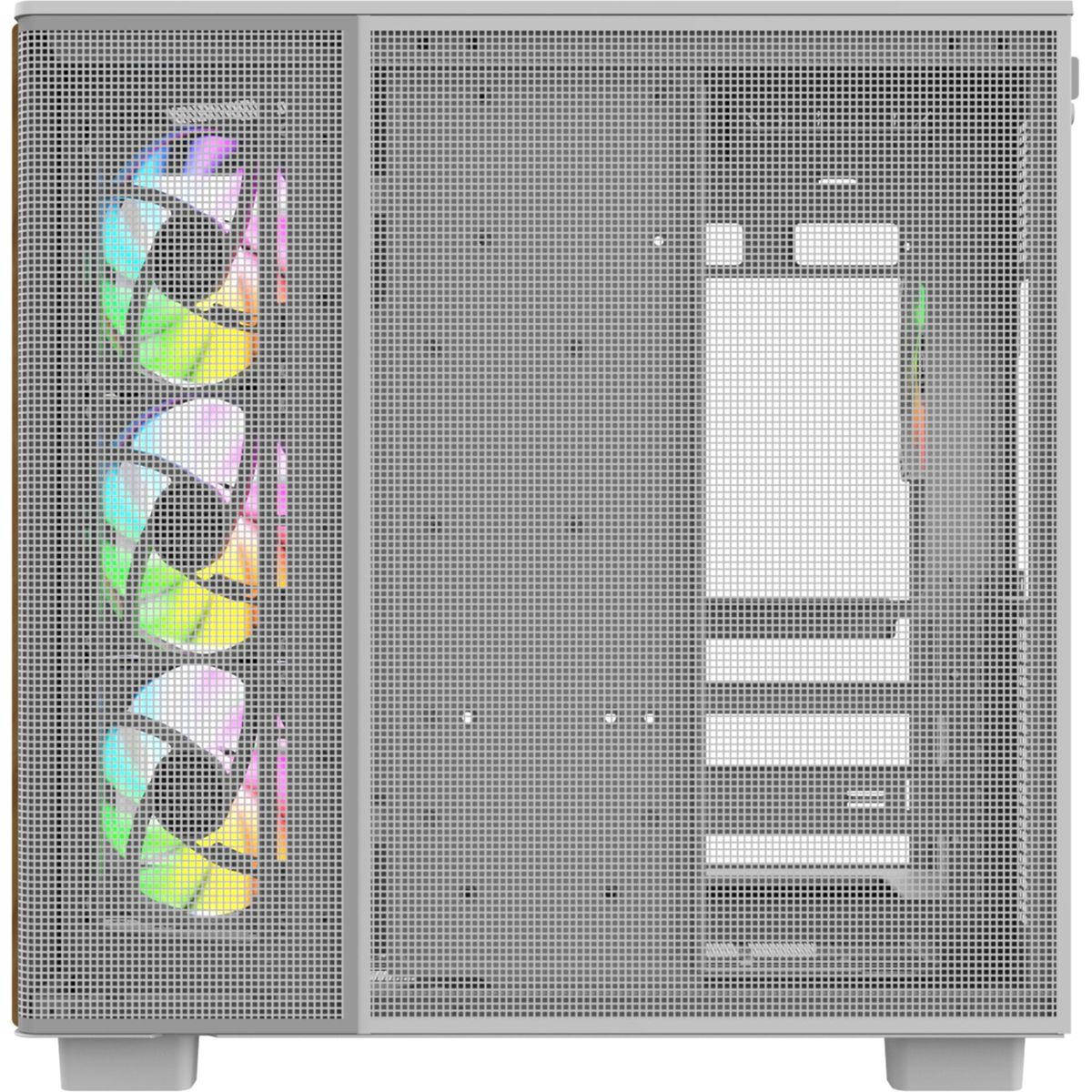 Ein weißes Computergehäuse mit drei RGB-Lüftern auf der linken Seite.