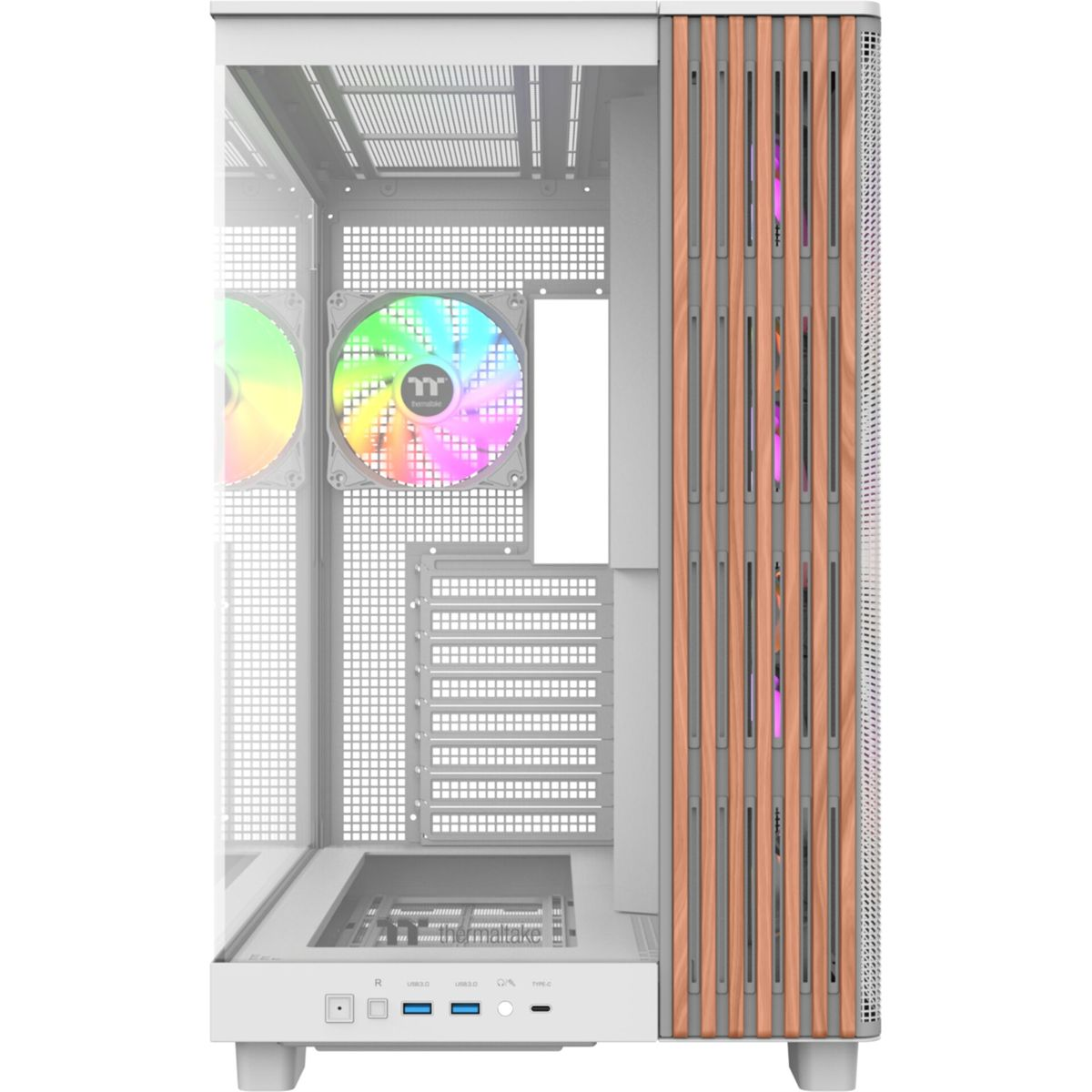 Ein weißer Computerturm mit Glasseitenteil, RGB-Lüftern und Holzmaser-Akzenten.