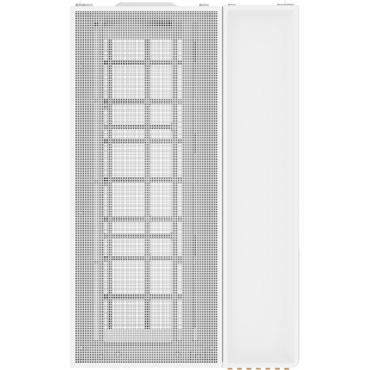 Ein weißes Computergehäuse mit einem perforierten linken Panel und einem glatten rechten Panel.