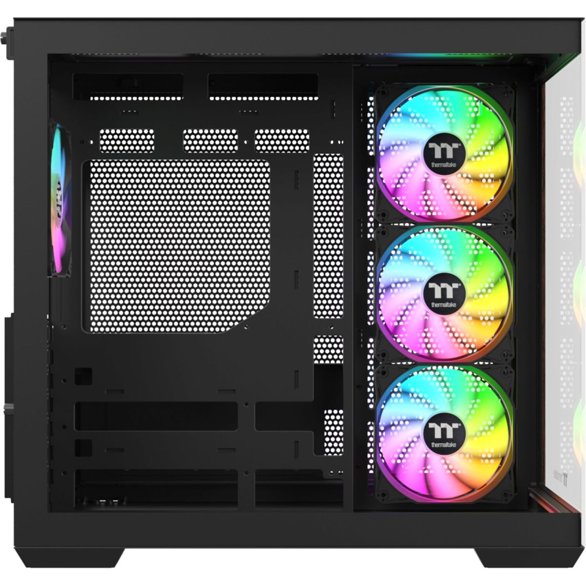 Ein schwarzes Computergehäuse mit drei leuchtenden Lüftern vorne.