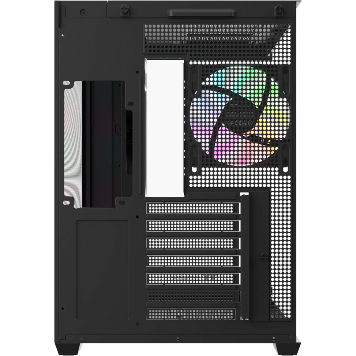 Die Rückseite eines schwarzen Computergehäuses mit RGB-Lüfter und Lüftungsschlitzen.
