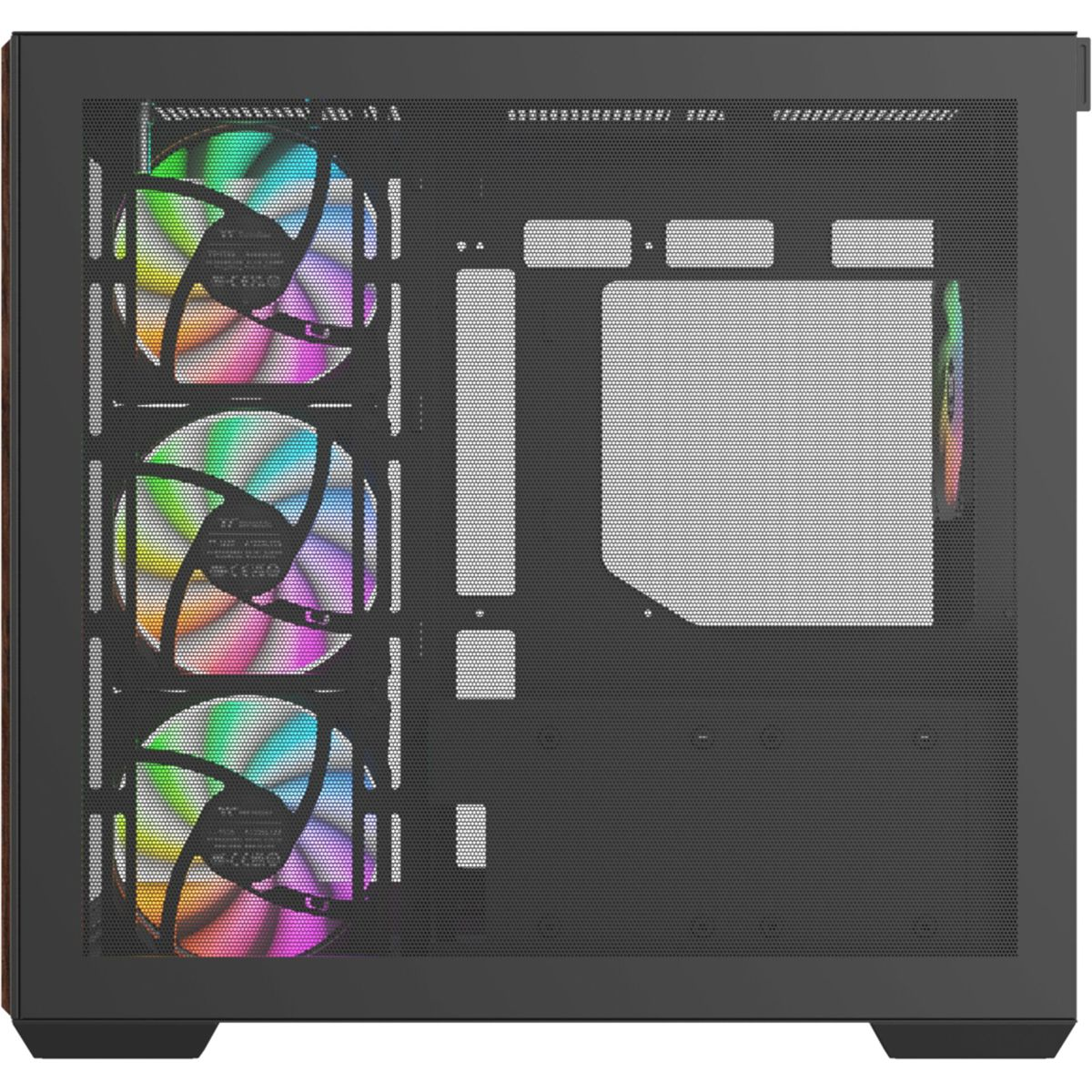 Ein PC-Gehäuse mit drei beleuchteten Lüftern vorne und einem großen Mesh-Fenster.