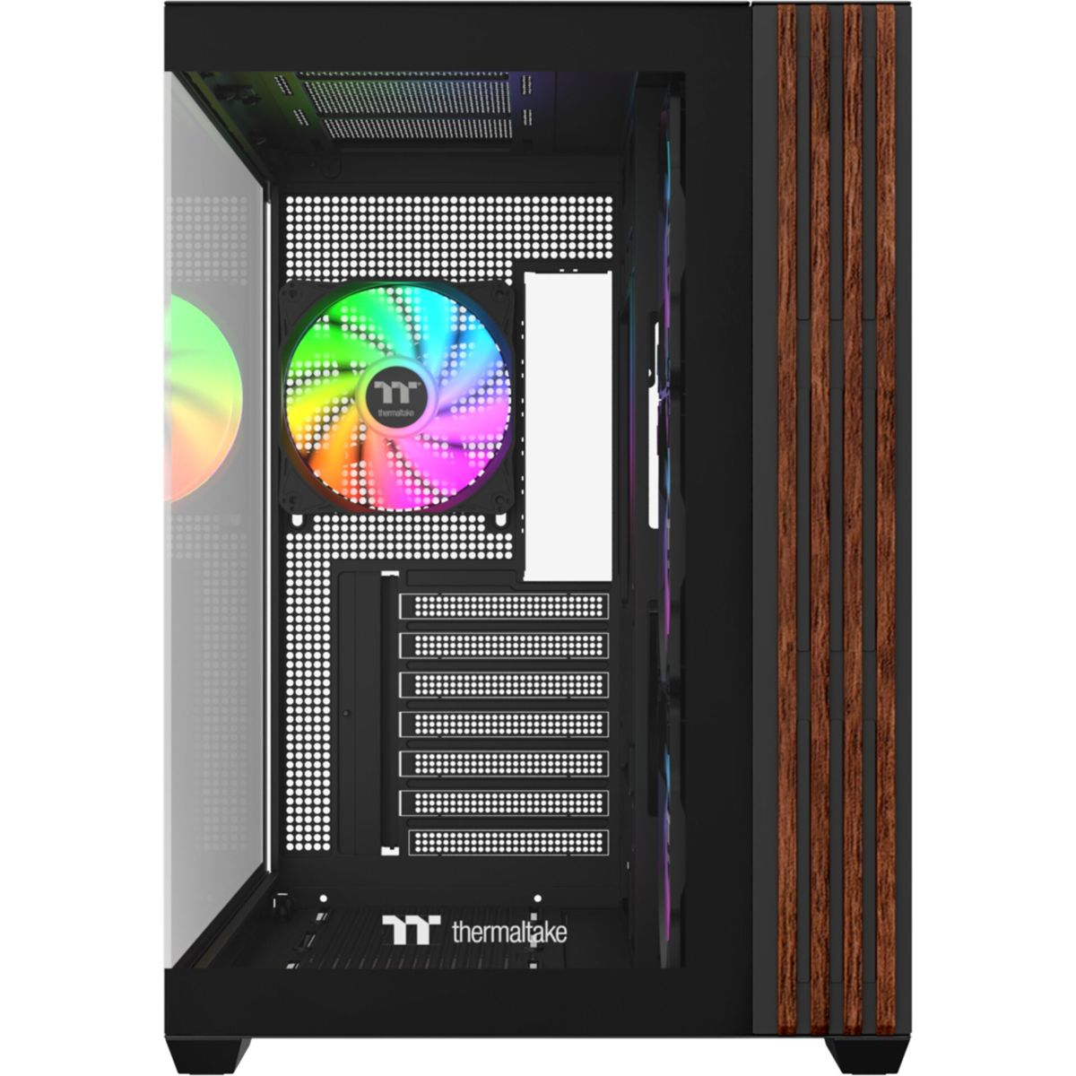 Ein schwarzes Computergehäuse mit RGB-Lüfter und Holzverkleidung.