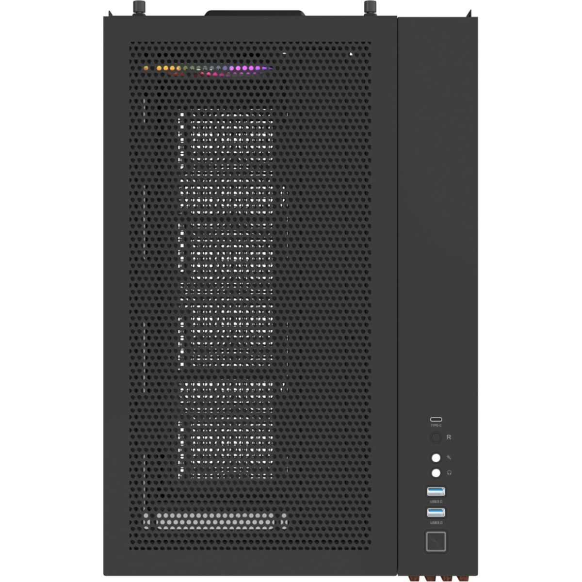 Schwarzes Computergehäuse mit perforierter Vorderseite und Anschlüssen.