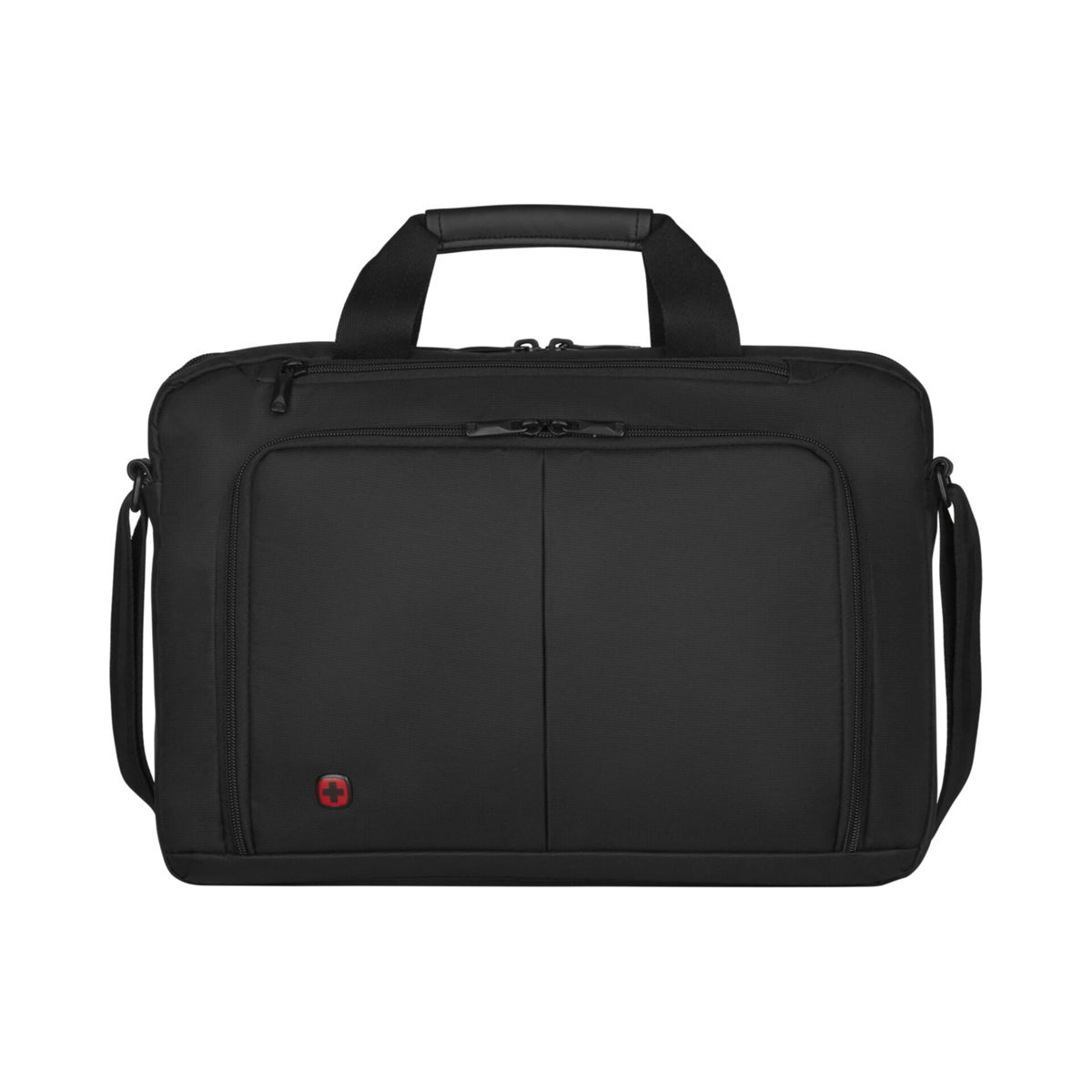 Zwarte laptoptas met handvat, schouderband en rood kruis logo.
