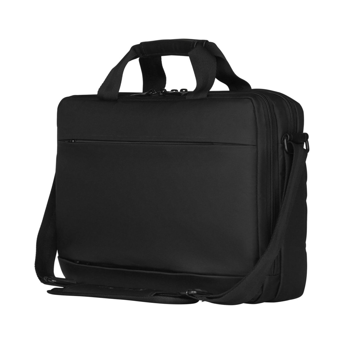 Zwarte laptoptas met twee handvatten en een schouderband.