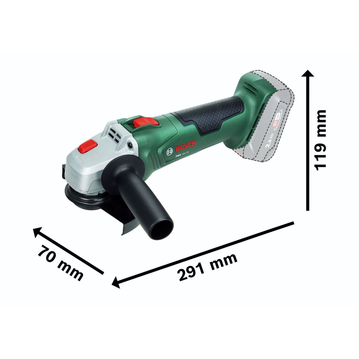 Grüner Bosch Winkelschleifer mit Akku, L: 291mm, B: 70mm, H: 119mm.