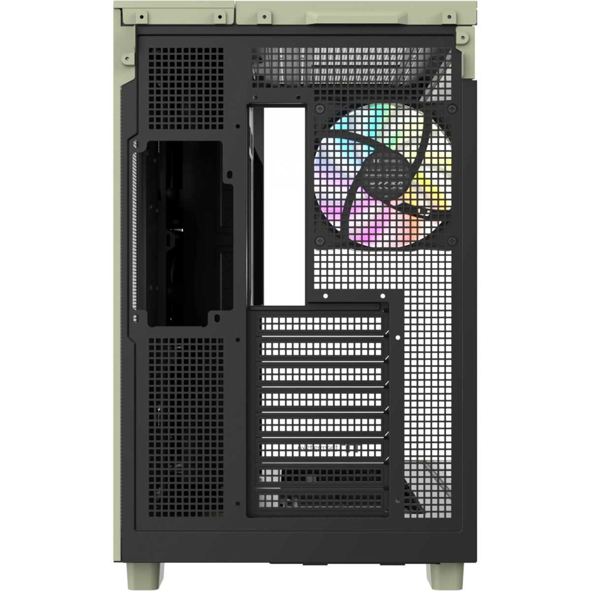 Parte trasera de una caja de ordenador con ventilador y rejillas.