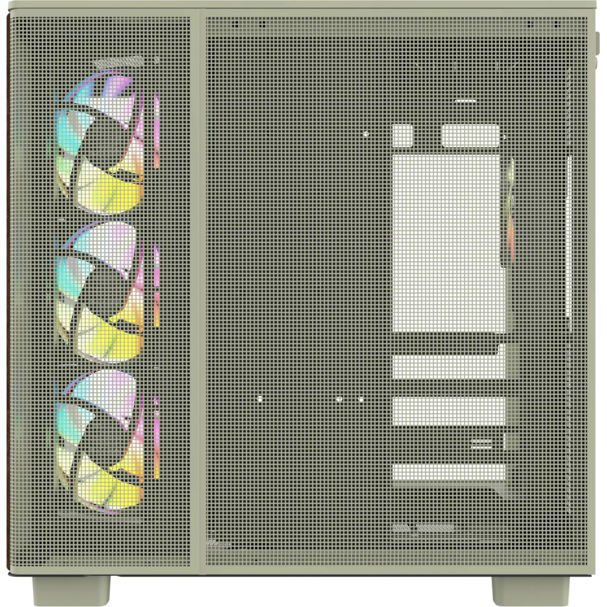 Una caja de PC gris claro con tres ventiladores iluminados en el panel frontal.