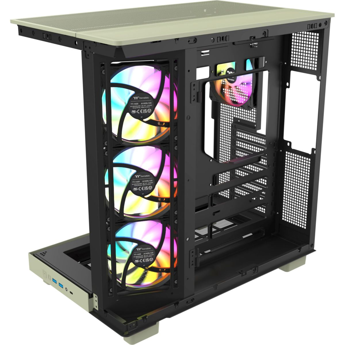Una caja de computadora abierta con tres ventiladores iluminados en el lado izquierdo.