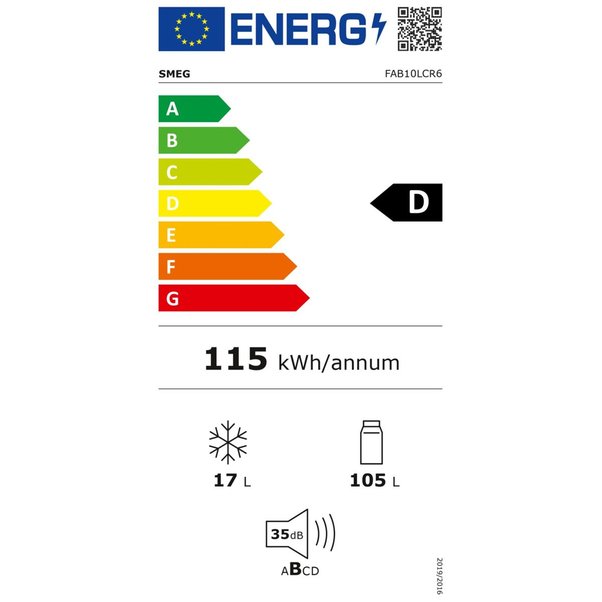Etiqueta eficiencia energética SMEG FAB10LCR6: Clase D, 115 kWh/año, 17L congelador, 105L refrigerador, 35dB.