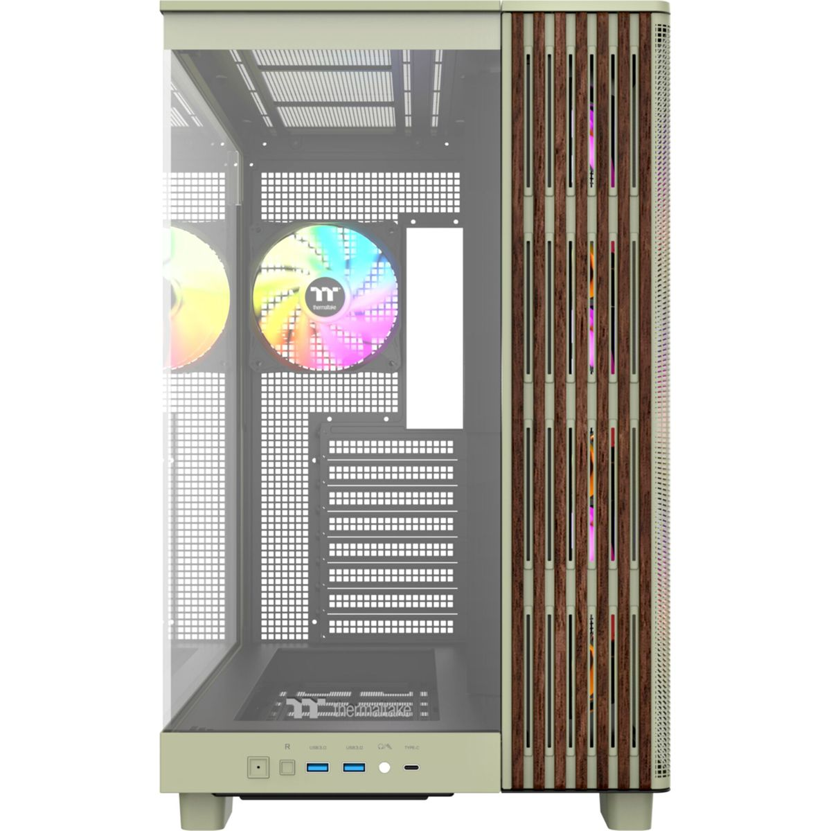 Una caja de PC con frontal de cristal, ventilador RGB y paneles de madera.