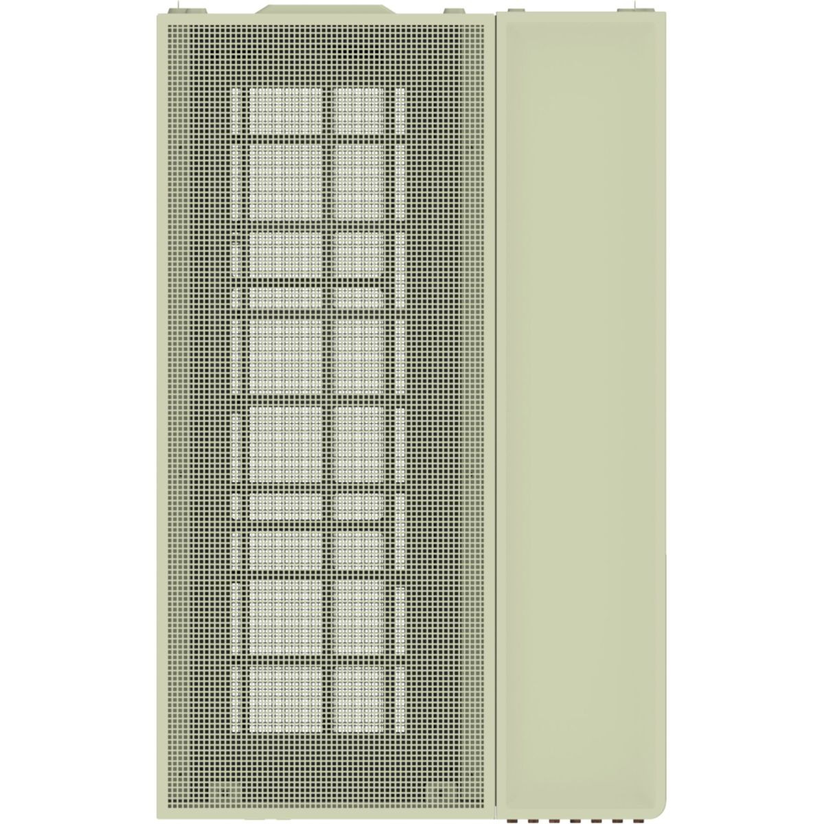 Una caja de ordenador verde claro con panel frontal perforado y panel lateral liso.