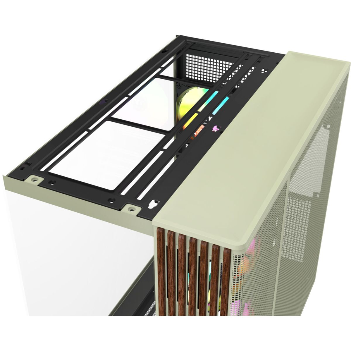 Caja de computadora con tapa beige, marco negro, detalles de madera y ventilador RGB visible.