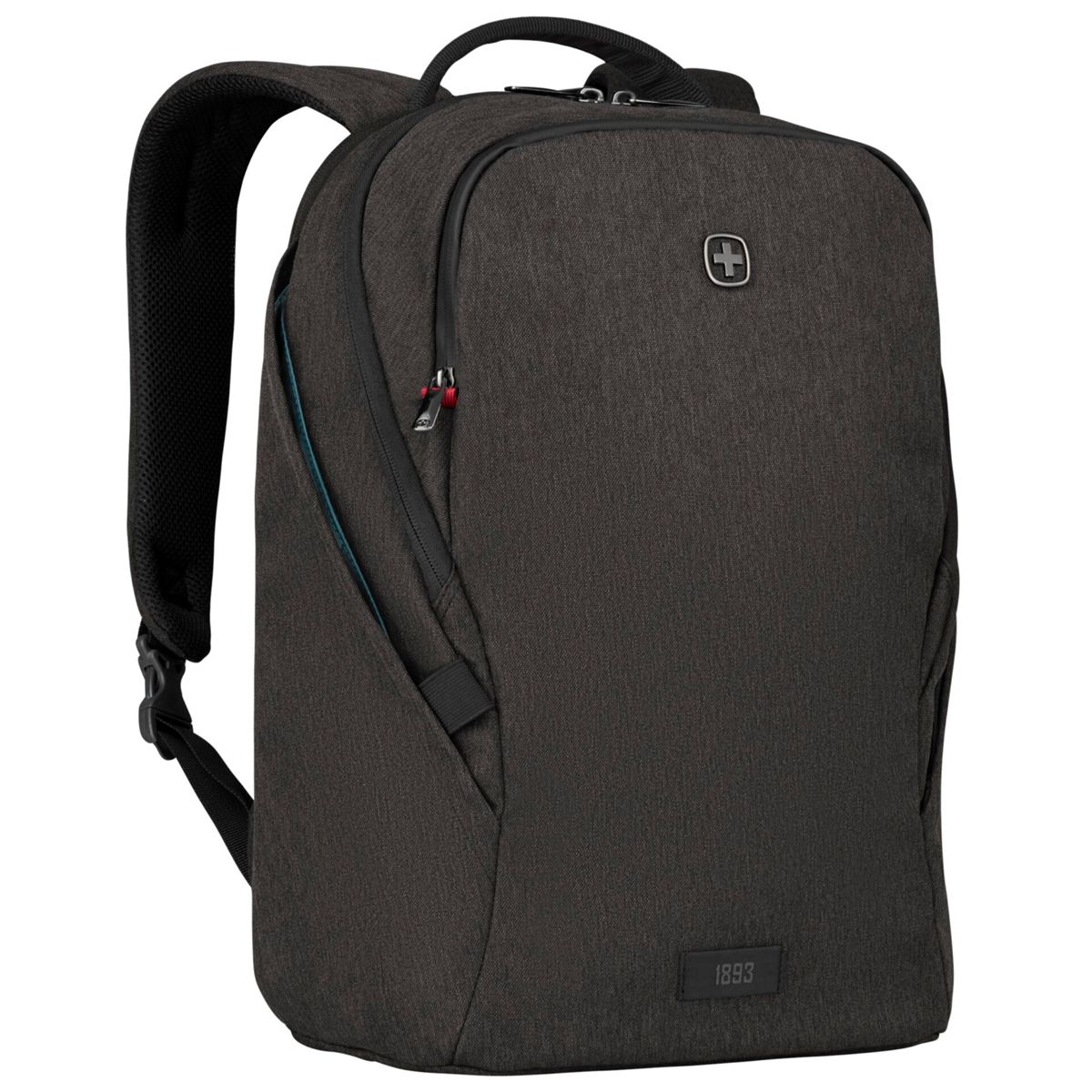 Dunkelgrauer Rucksack mit gepolsterten Trägern und einem Kreuz-Logo.