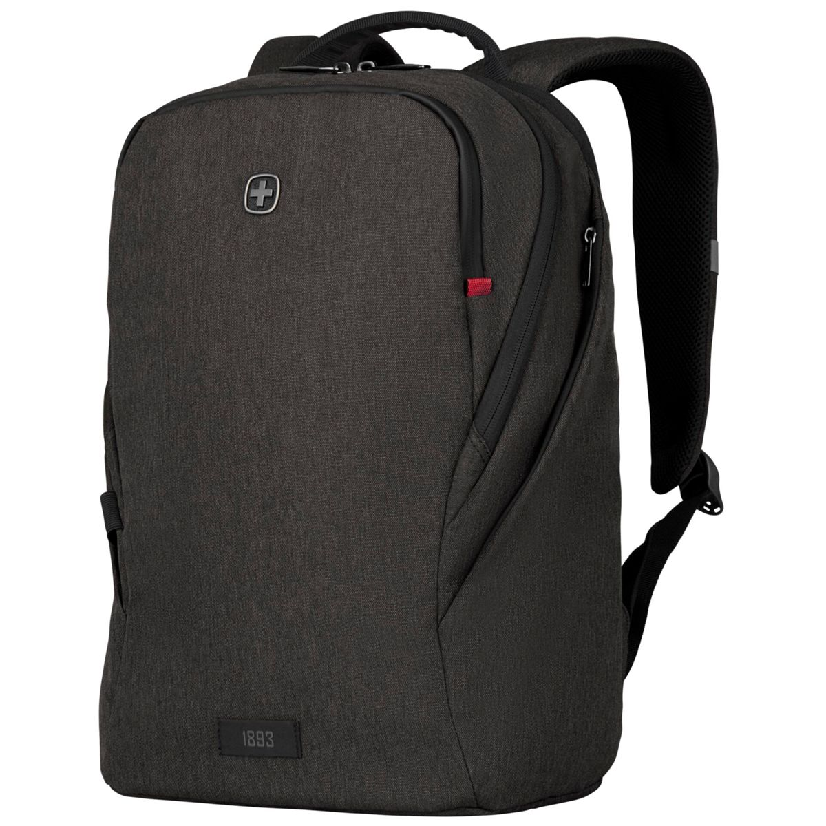 Ein dunkelgrauer Rucksack mit dem "1893"-Logo und einem Schweizer Kreuz-Emblem.