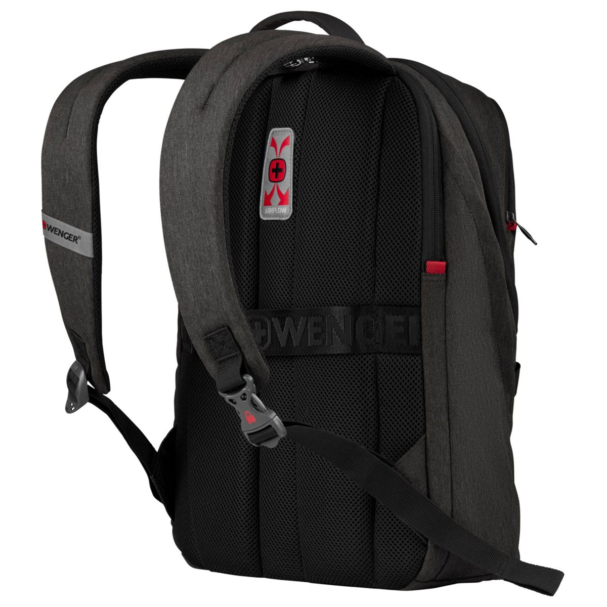Dunkelgrauer Rucksack mit gepolsterten Trägern und Belüftungssystem.