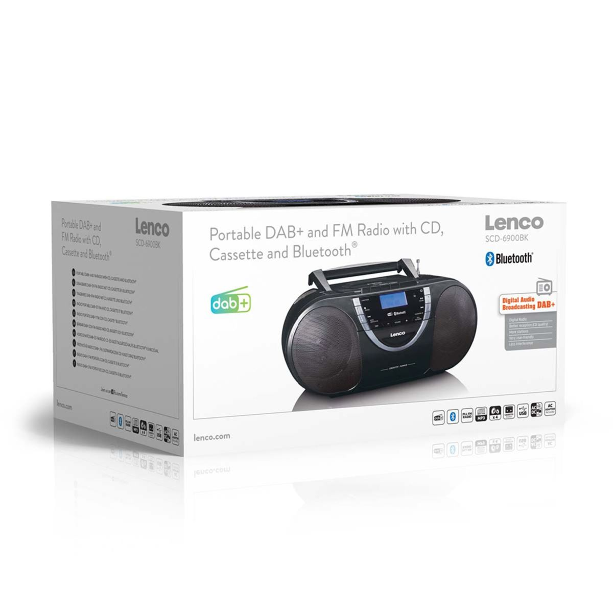 Confezione di uno stereo Lenco nero con CD, cassetta, DAB+ e Bluetooth.