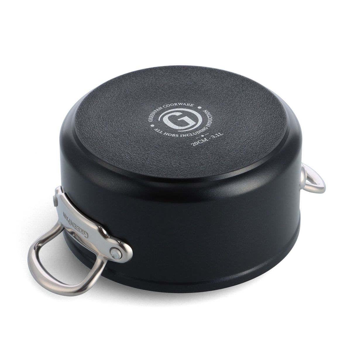 Schwarzer Kochtopf mit silbernen Griffen, auf dem Boden steht „GREENPAN COOKWARE“.