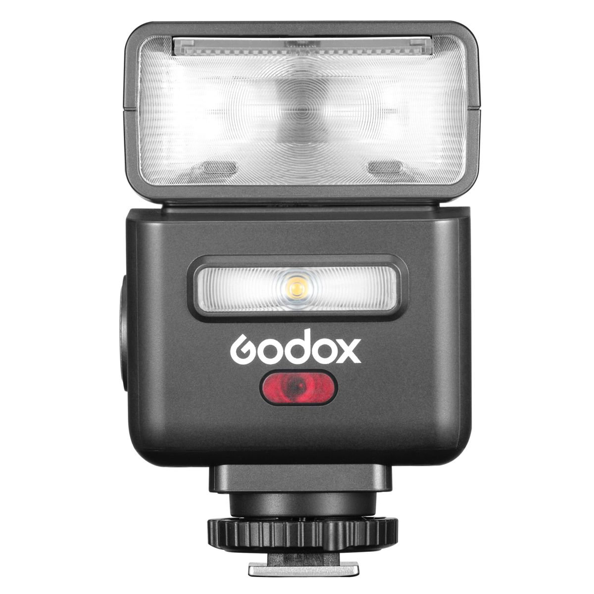 Un flash Godox nero con testa aperta e luce di modellazione LED.