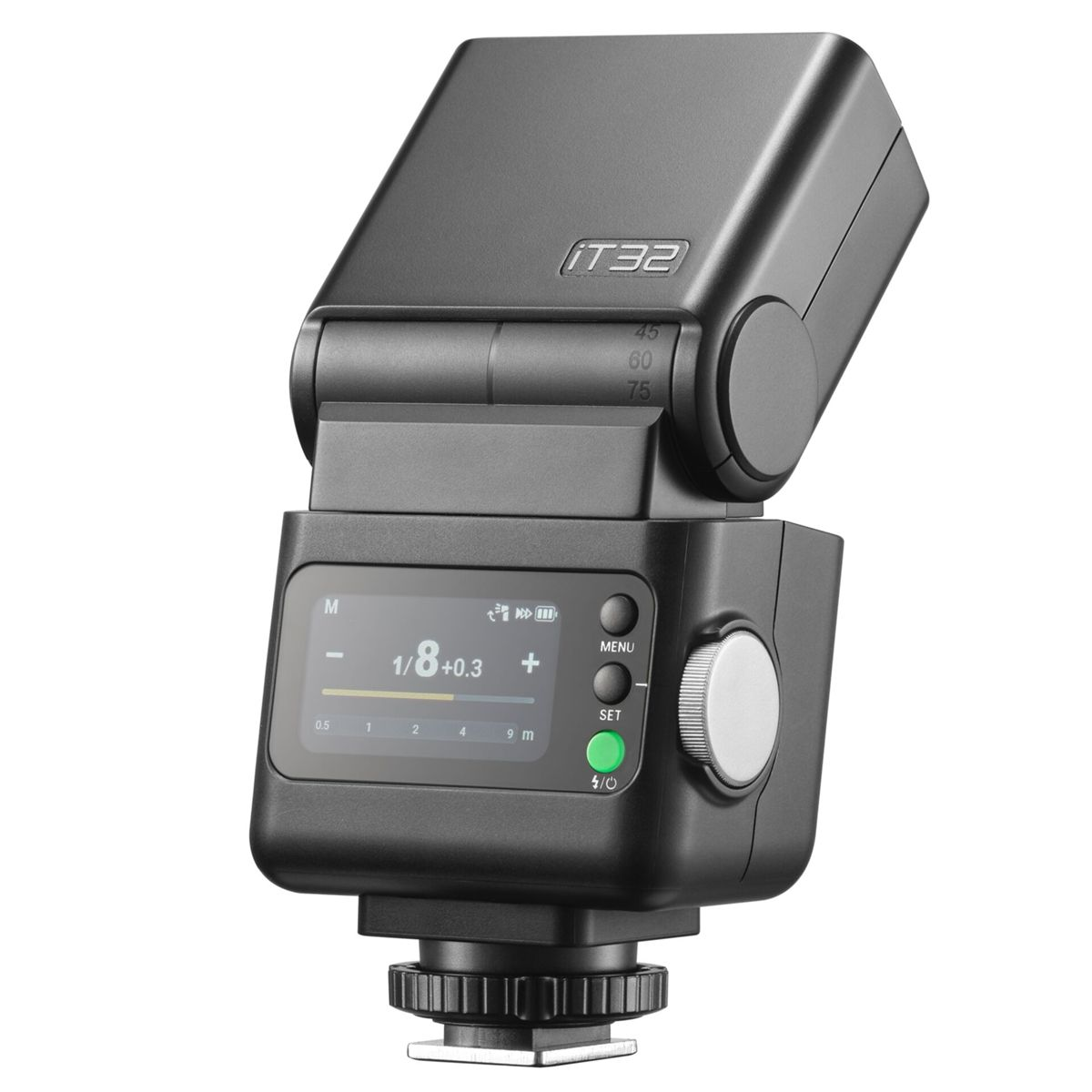 Un flash per fotocamera nero con schermo LCD e controlli.