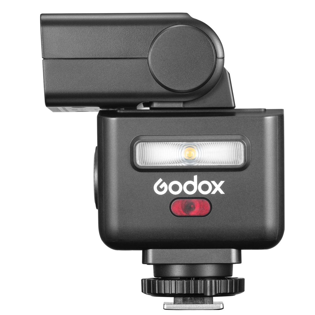 Flash nero per fotocamera con logo Godox e luce rossa.
