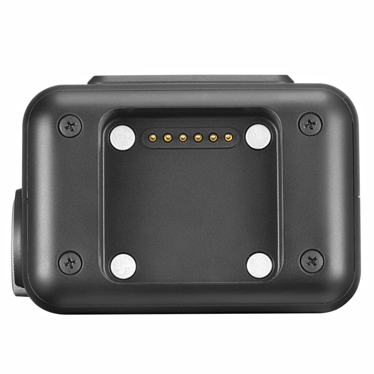 Retro di dispositivo nero con contatti di ricarica e viti.