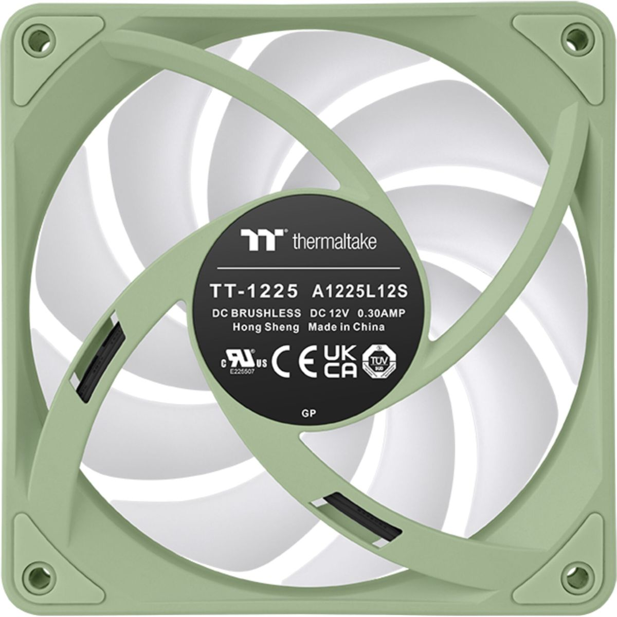 Ein hellgrüner Computerlüfter mit schwarzem Mittellabel, Modell TT-1225.