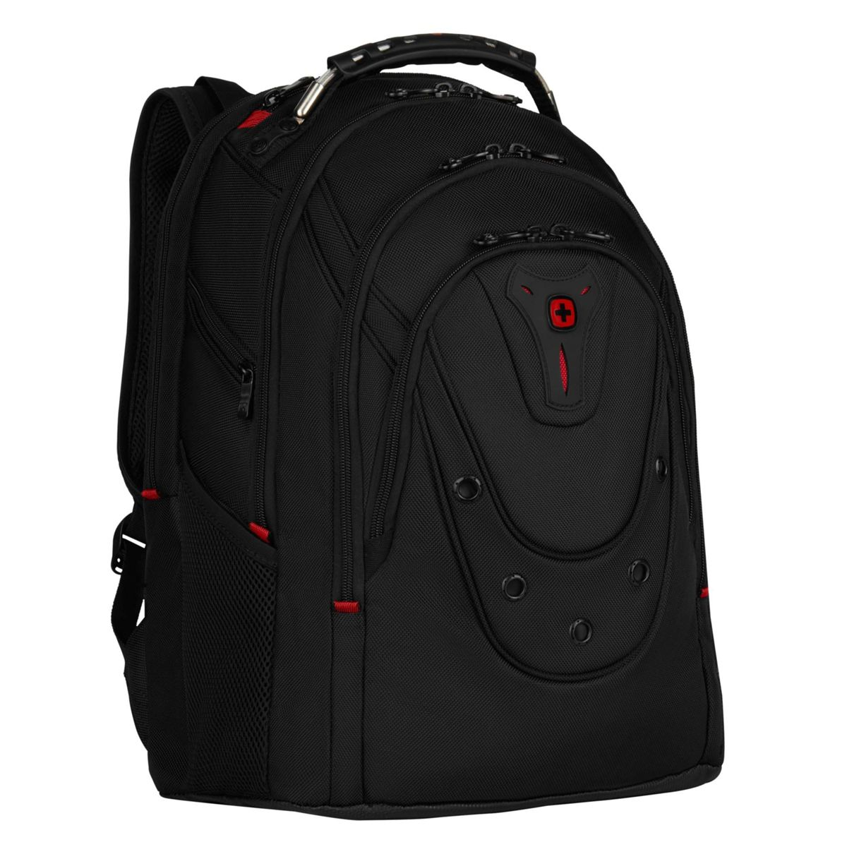 Schwarzer Rucksack mit rotem Logo und Reißverschlüssen.