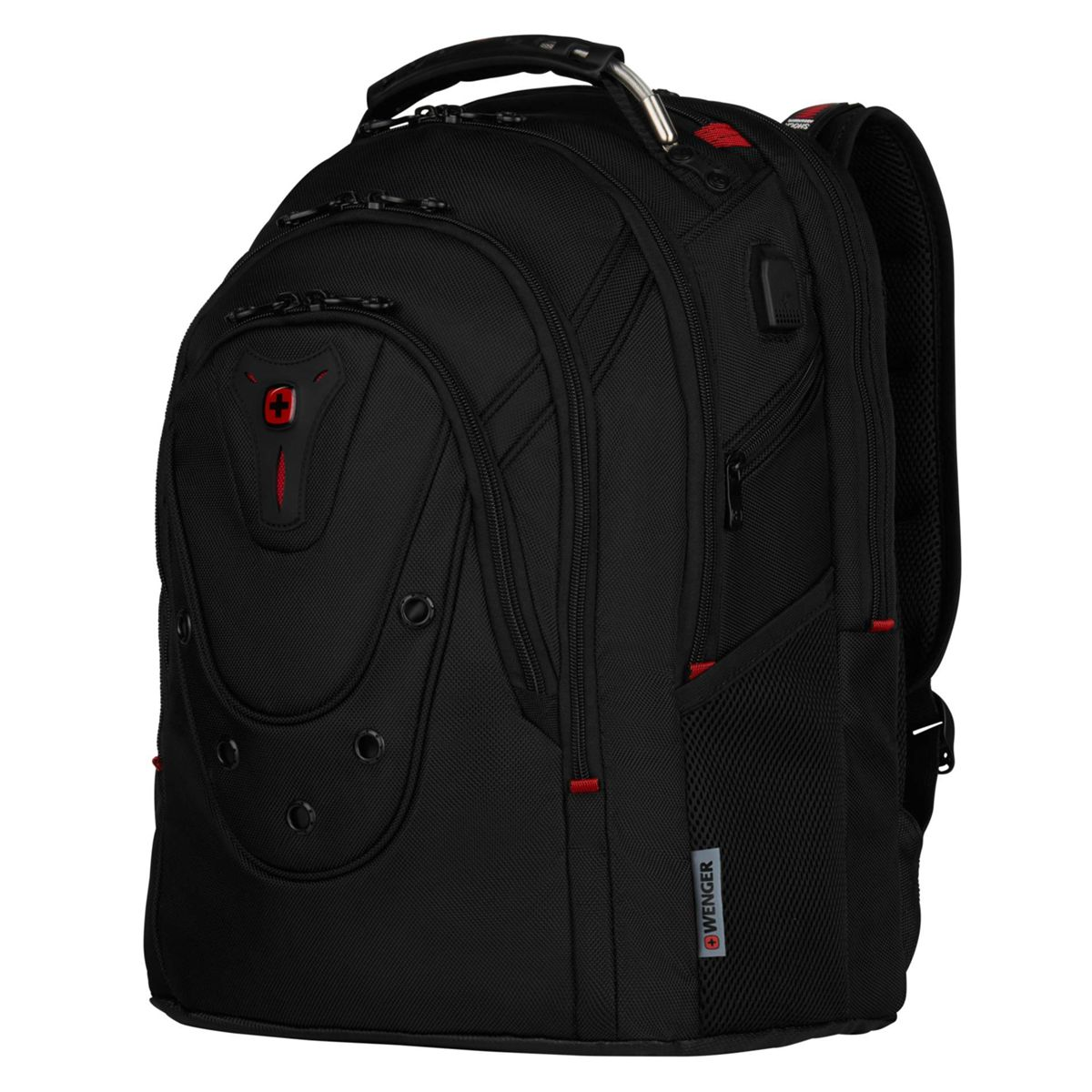 Schwarzer Rucksack mit rotem Wenger-Logo und Reißverschlüssen.