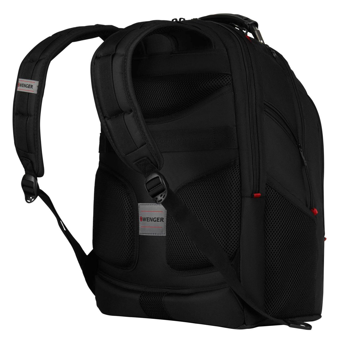 Schwarzer Rucksack von Wenger mit gepolsterten Schultergurten und Netzfächern.