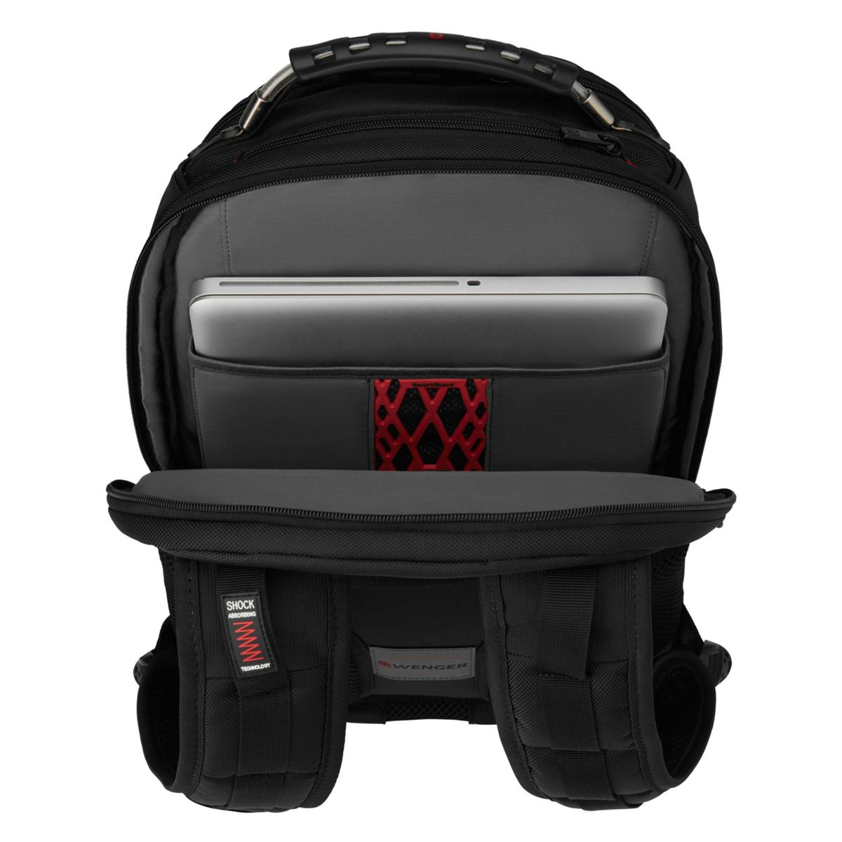 Offener schwarzer Rucksack mit silbernem Laptop, roten Akzenten und Wenger-Logo.