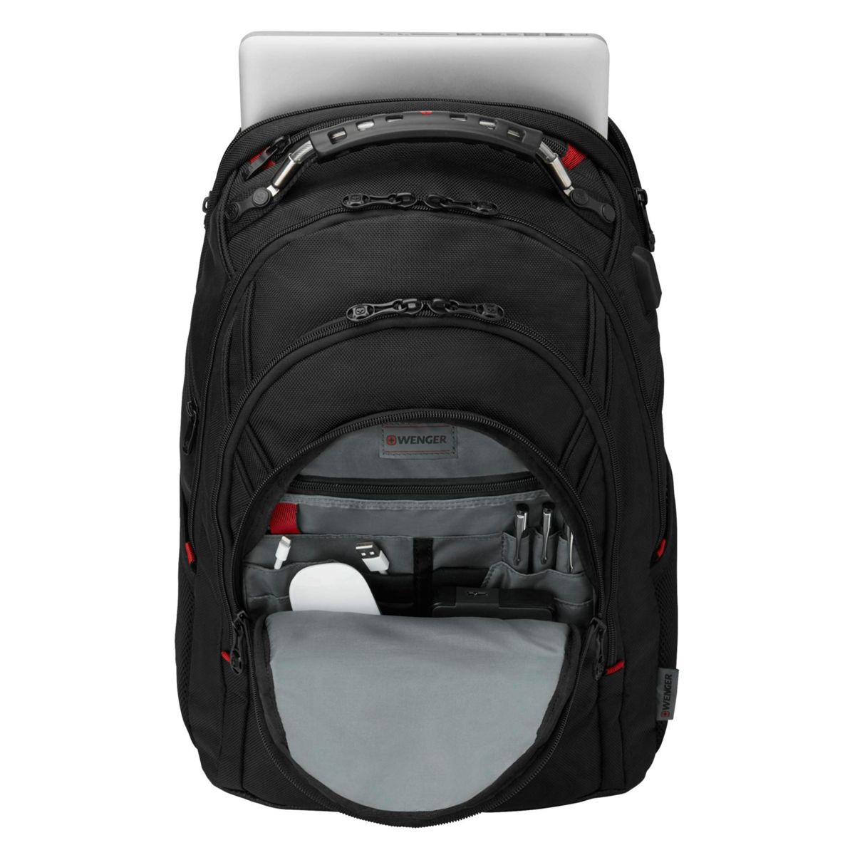 Ein schwarzer Wenger-Rucksack mit offener Fronttasche, die organisierte Fächer und einen Laptop oben zeigt.
