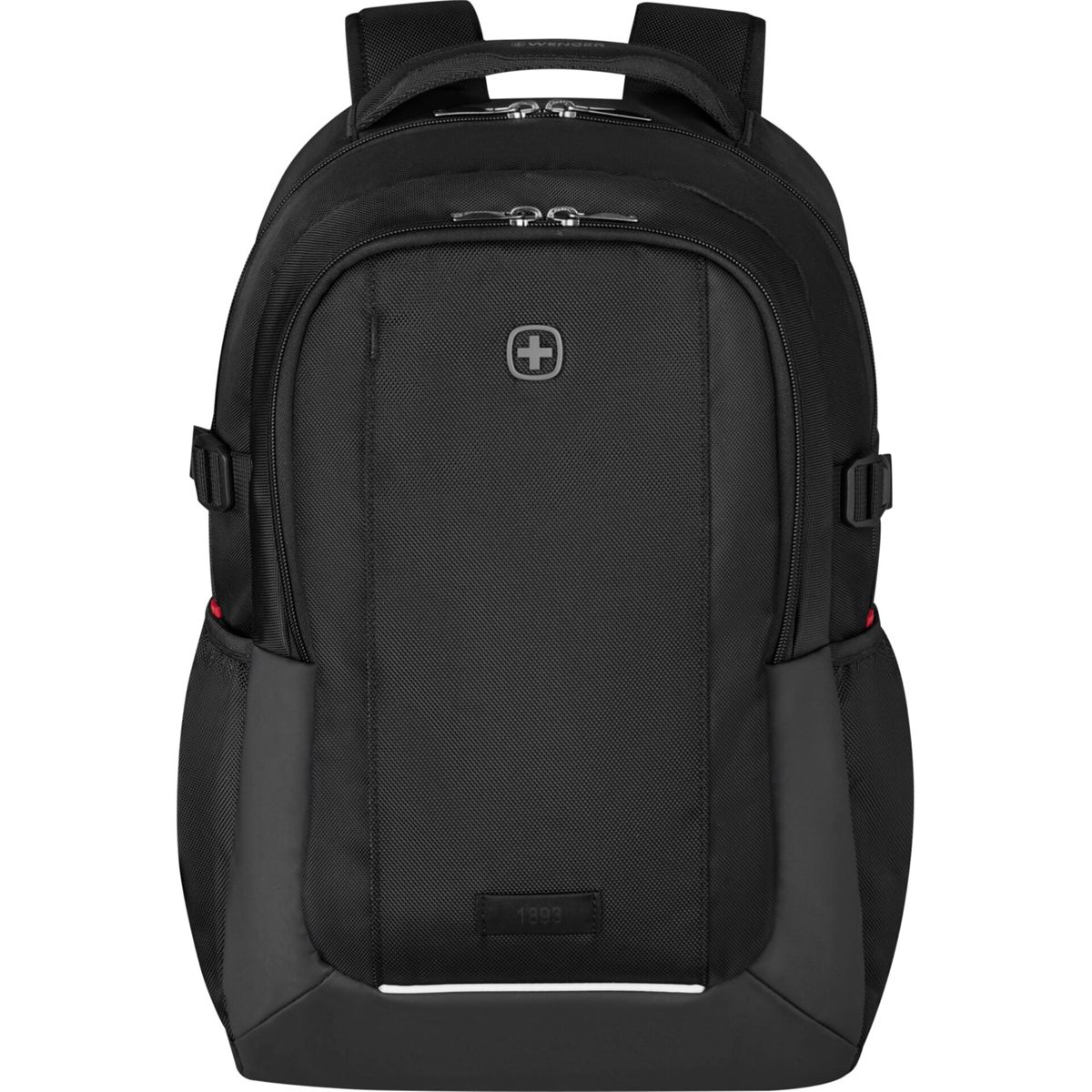 Zaino nero con logo svizzero, cerniere e tasche laterali.