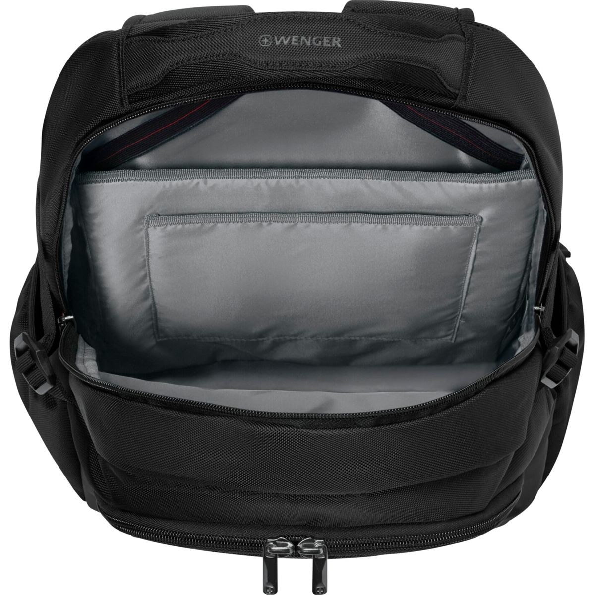 Zaino nero con scomparto principale aperto e tasche interne grigie.