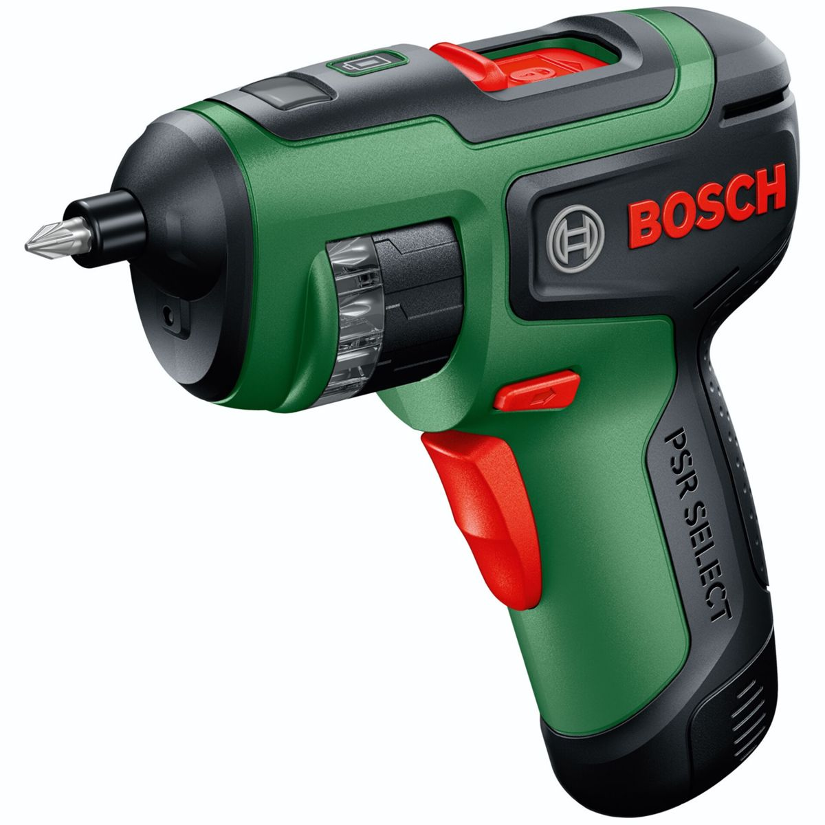 Grüner Bosch Schrauber mit rotem Schalter und Bits.